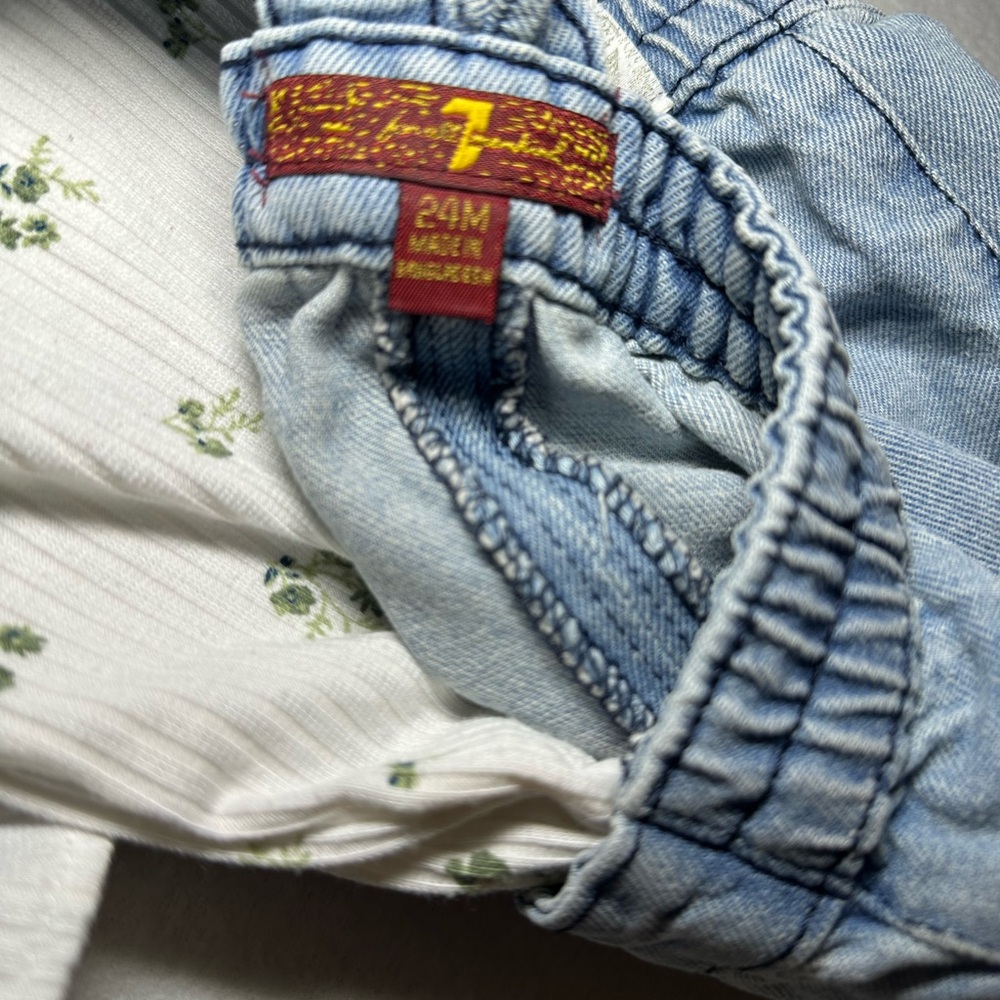 7 For All Mankind Denim Ruffle Jumper & Floral Shirt 2 Piece Baby Toddler 24M - Picture 4 of 4